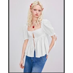 Cider White Square Neck Puff Sleeve Smocked Tie Front Peplum Top‎ XS